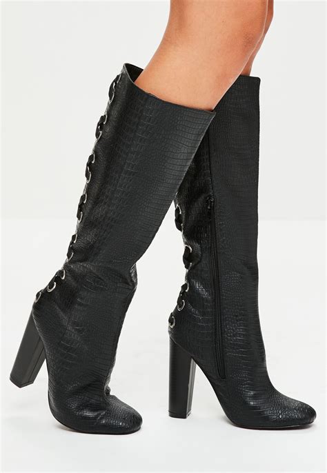 Missguided Black Snake Print Lace Up Knee High Boots Lyst