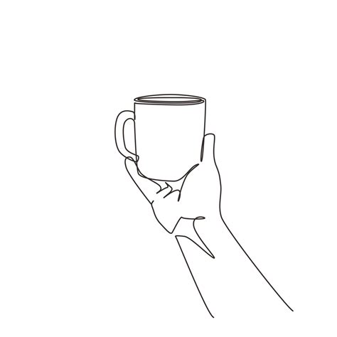 Single One Line Drawing Female Hand Holding A Cup With Tea Or Coffee