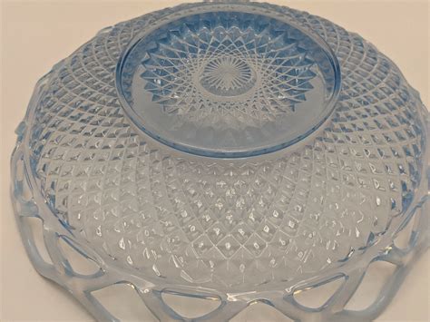 1930s Imperial Glass Katy 9 Blue Opalescent Laced Edge Vegetable Bowl