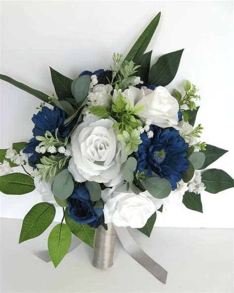 17 Piece Bridal Bouquet Set Wedding Bouquet Navy Blue White Etsy