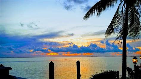 Orange Sunset Beautiful View Panorama Blue Sea Palm Tree With Cloud Sky