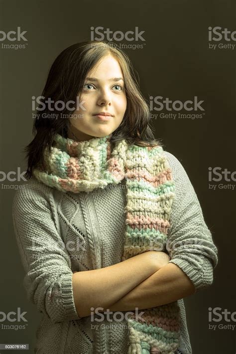Smiling Teenage Girl Standing With Crossed Arms Stock Photo Download