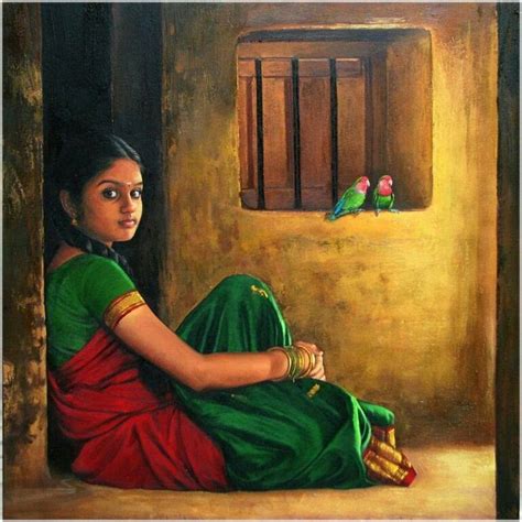 Tamil Girl With Her Parrots S Elarayaja Indian Traditional Paintings Indian Art Paintings