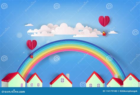 Beautiful Rainbow Over Town Stock Illustration Illustration Of Heart