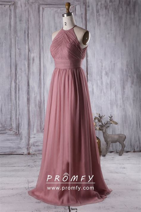 Canyon Rose Pleated Chiffon Crepe Halter Dress Promfy