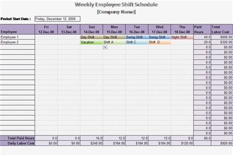 Weekly Employee Shift Schedule Template Excel Task List Templates