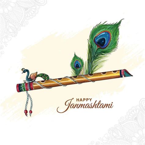 beautiful lord krishna flute and peacock feather for janmashtami festival card background