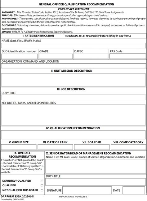 Daf Form 3559 General Officer Qualification Recommendation Af Forms