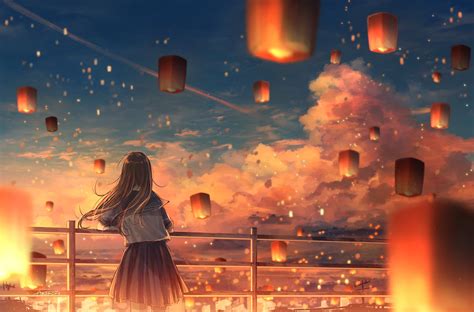 4k Anime Landscape Night Lanterns Sunset School Uniform Amenomori