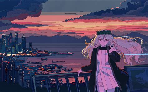 Anime Girl In Balcony Cityscape Sea And Sunset Wallpaper