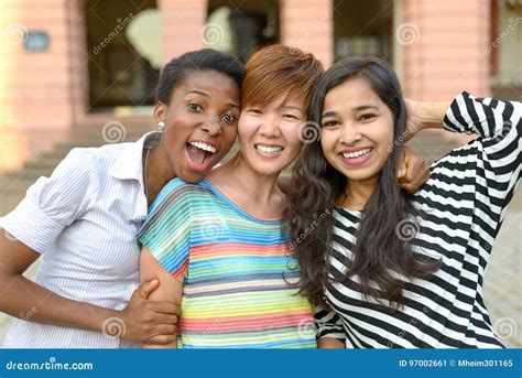 Three Cheerful Multicultural Women Posing Together Stock Image Image