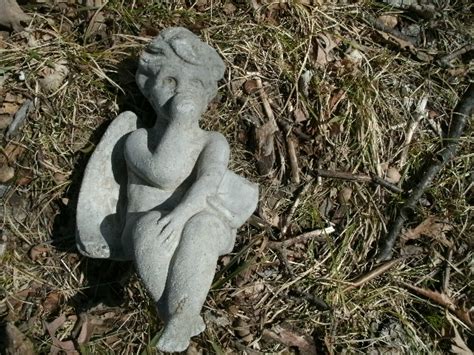 Vintage Cement Angel Sucking Thumb Garden Statue Weathered Concrete