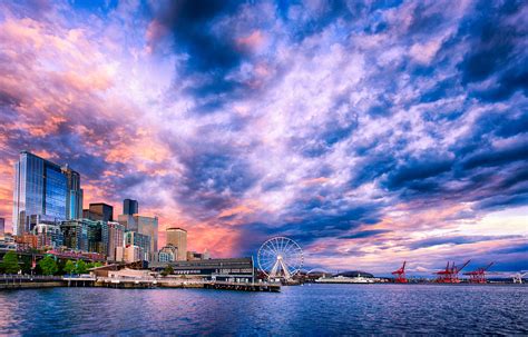 Sunset On The Seattle Waterfront Desktop Wallpaper Hd