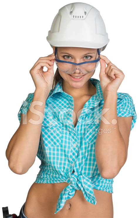Woman In Hard Hat And Protective Glasses Stock Photo Royalty Free