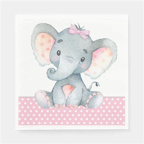 Girl Elephant Baby Shower Napkins With Adorable Baby Girl Elephant