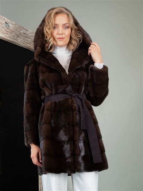 short dark brown mink fur hooded jacket handmade by nordfur