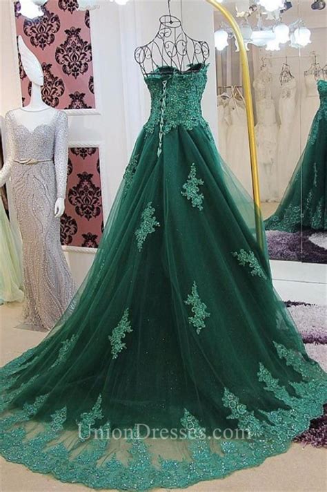 A Line Sweetheart Corset Back Dark Green Tulle Lace Beaded Prom Dress