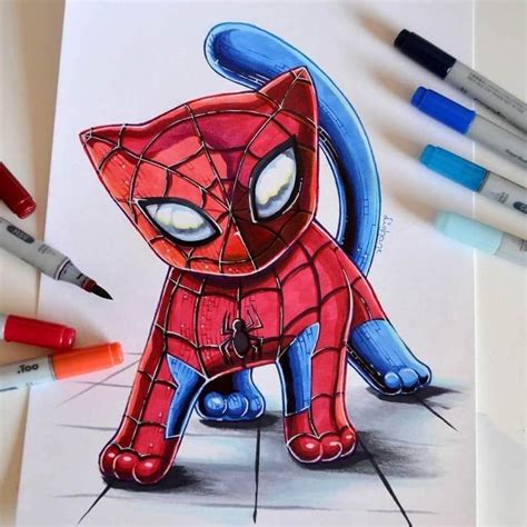Spider Man Kitty Cute Colored Fantasy Animal Drawings By Lisa Saukel