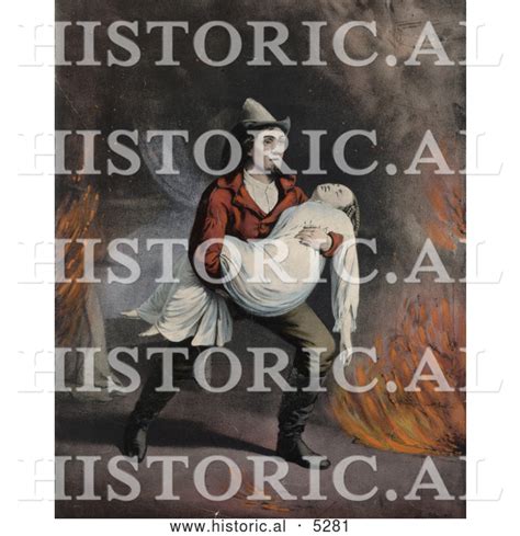 Historical Painting Of A Brave Fireman Carrying A Girl In His Arms