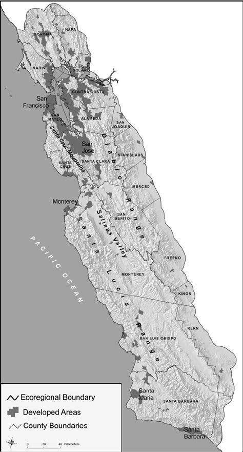 The Central Coast Ecoregion Of California With Geographic Features