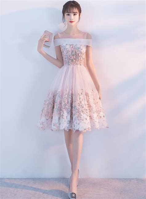 Cute Pink Round Neckline Flower Lace Short Party Dress Pink Formal Dr