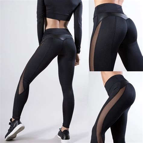 Women S Gym Stretch PU Mesh Patchwork Fitness Leggings Running Sports Pants Workout Jogging