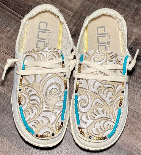 Custom Hey Dude Shoes Beaded Teal Tooled Leather Etsy