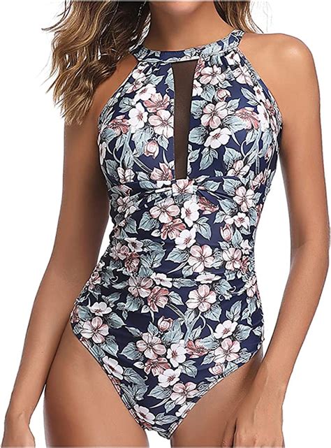 Wxfashion Womens Beach Halter High Neck Swimwear Print One Piece