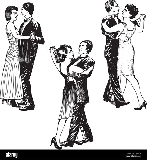 Dancing Couples Set Of Black And White Vector Illustrations Stock