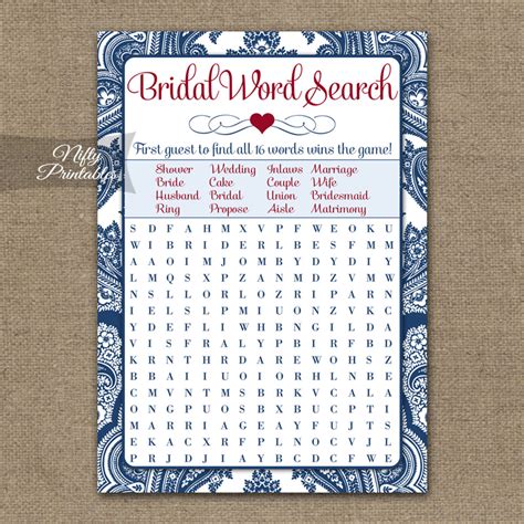 Printable Bridal Shower Word Search Game Navy Blue Damask