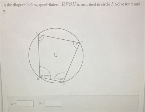 Solved In The Diagram Below Quadrilateral Efgh Is Inscribed In Circle I Solve For X And Y X