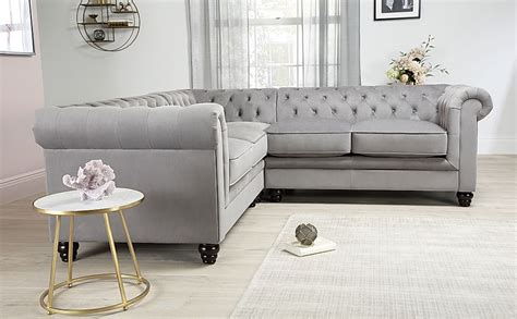 Hampton Grey Velvet Fabric Chesterfield Corner Sofa Sofa Design Ideas