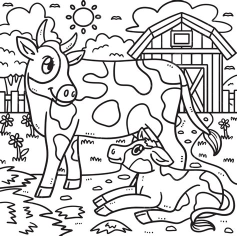 Página Para Colorir Para Crianças Mãe Vaca E Bezerro Vetor PNG Página Para Colorir Cor