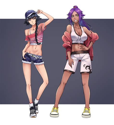 sakuya liao kj shihouin yoruichi sui feng bleach white legwear highres 2girls arm up