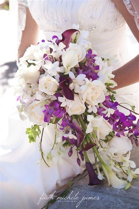 Wedding bouquet purple turquoise blue picasso calla lily cascading bridal bouquet bridesmaid bouquet groom groomsman boutounniere wedding pa. cascading wedding bouquets | White and purple cascade ...