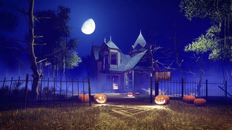 Spooky Halloween House At Misty Night Stock Photo