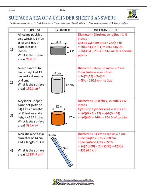Surface Area Of Cylinders Worksheet