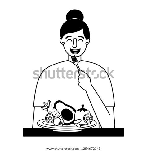 Woman Eating Healthy Food Fork Stock Vector Royalty Free 1254672349