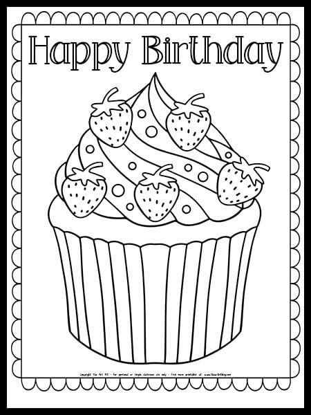 Happy Birthday Strawberry Cupcake Coloring Page Free Printable The