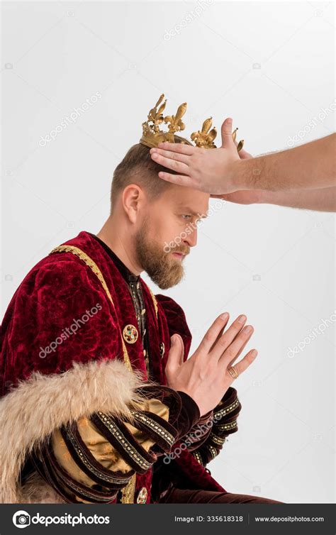 Cropped View Man Putting Crown King Praying Hands Grey Background Stock