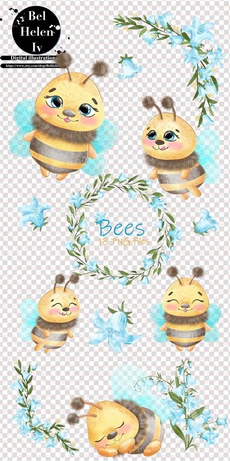 Flowers And Bees Cute Bee Watercolor Clipart Beehive Etsy Cute