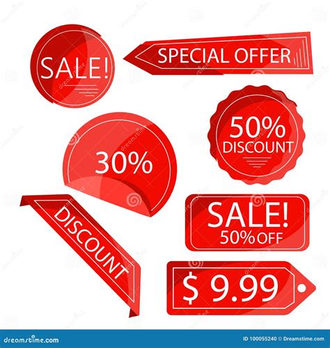 Collection Red Discount Stickers Isolated On White Stock Vector