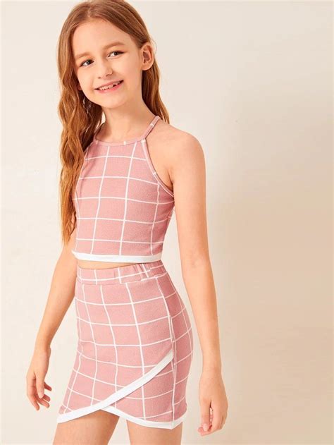 Girls Contrast Trim Grid Halter Top And Wrap Skirt Set En 2020 Ropa