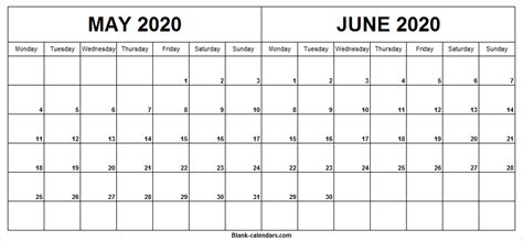 2020 May June Calendar Free Printable Monthly Calendar Template