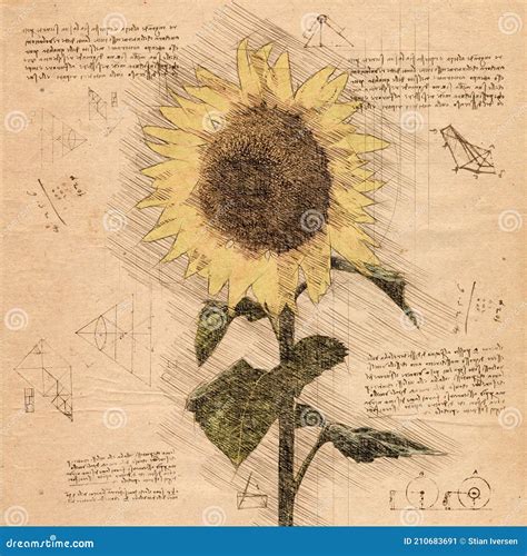 Sunflower In Vintage Steampunk Da Vinci Drawing Style Stock