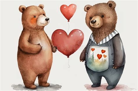 Cute Happy Valentine Brown Teddy Bears Adorable Cartoon Watercolour