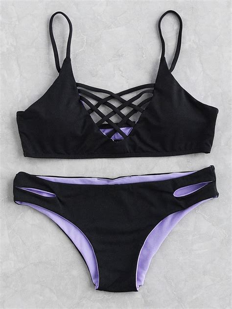 Strappy Black Top With Lavander Summer Bathing Suits Cute Bathing