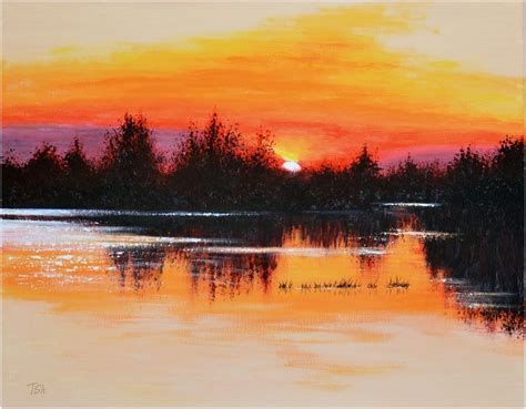 Original Acrylic Painting Sunset Landscape Lake In 2020 Lake Painting