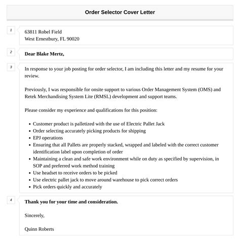 Order Selector Cover Letter | Velvet Jobs