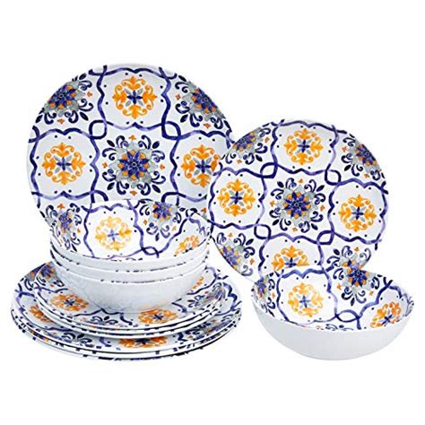 Amazon Basics 12 Piece Service For 4 Traditional Blue And Yellow Melamine